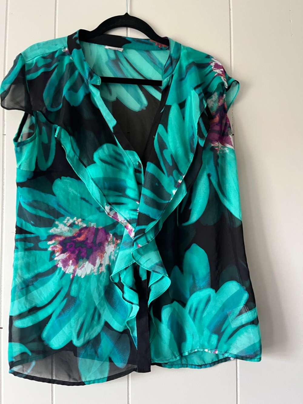 Worthington Teal Floral Ruffle Front Blouse